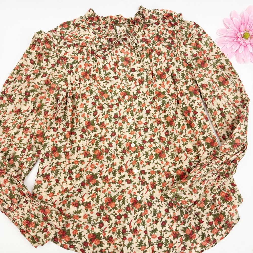 Free People Meant To Be Puff Sleeve Ruffle Blouse Top Vintage Floral Cotton Boho - Picture 6 of 16